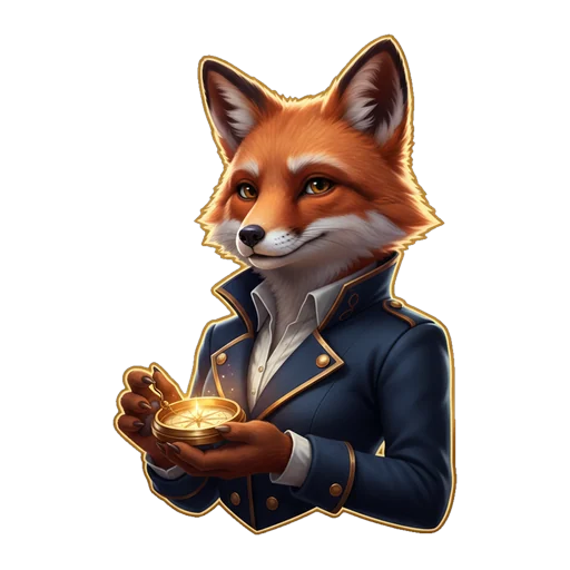 Vela, the Starvellan host: an adult red fox in a midnight-blue frock coat